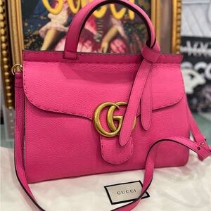 Gucci Vibrant Pink Leather Top-Handle Satchel with Gold Hardware